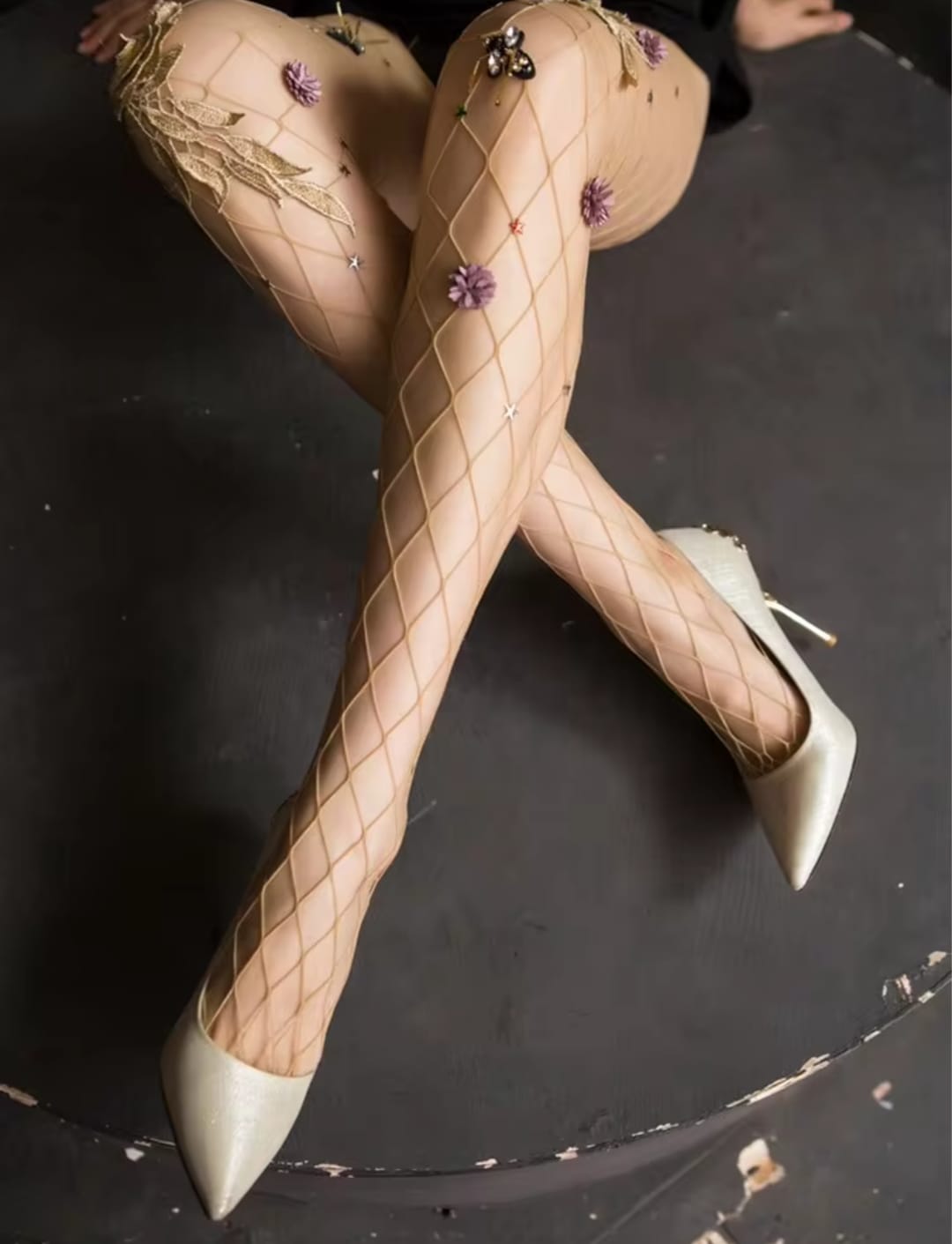 Women’s Nude Floral Embroidered Fishnet Tights – Sheer Mesh Stockings with 3D Flower & Star Details